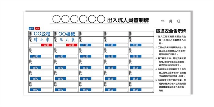 WB22 坑道隧道人員進出管制白板